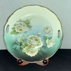 German Two Handled Cake Plate White Enameled Roses